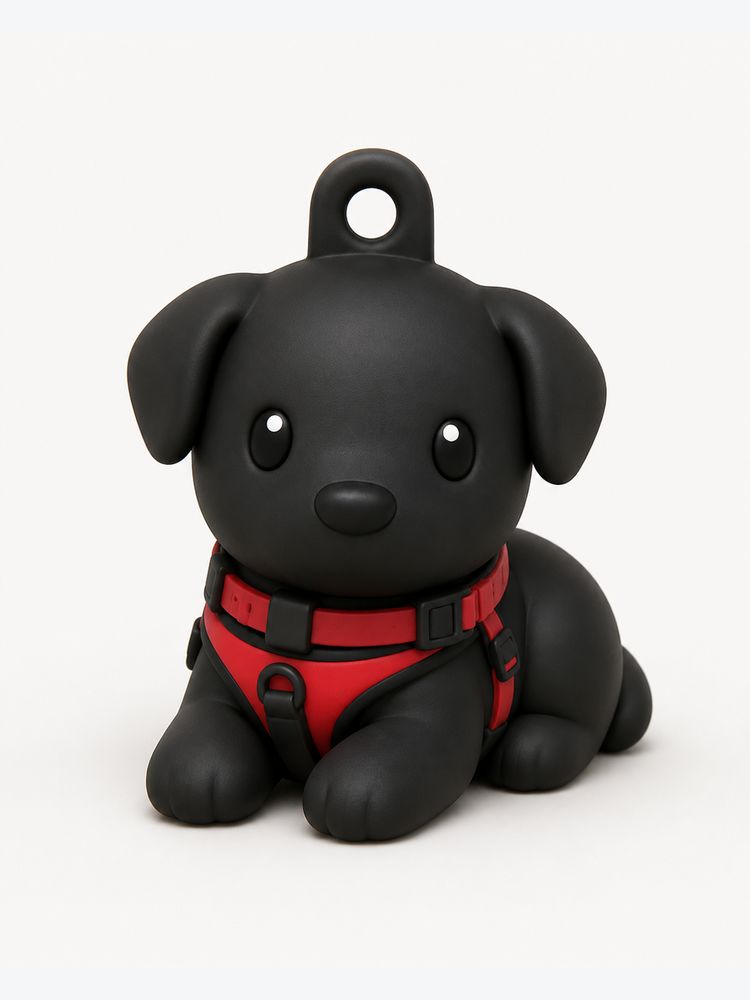 Preview render of the black dog as a keychain, sitting up in his red harness