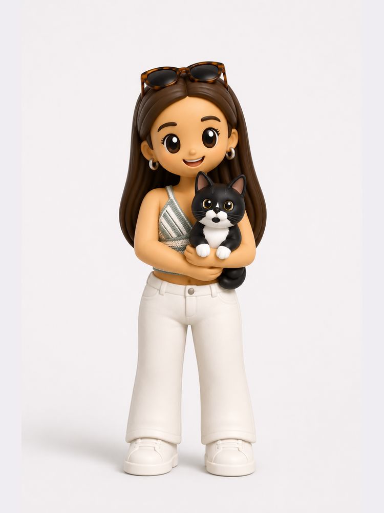 Preview render of the young woman holding her cat, in white trousers and a striped top